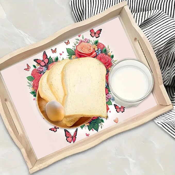 DoxQcs DIY Diamond Art Wooden Tray Kit Easter Food Tray with Handle Diamond Painted Table Decoration Tray for Breakfast Bar Dinner Table Diamond Art Painting for Beginners-Rose Heart