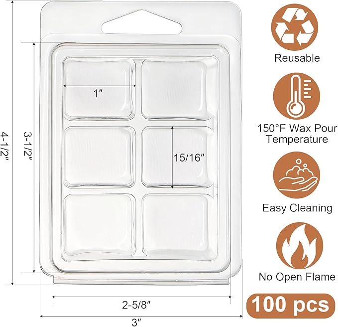Jucoan 100 Pack Plastic Wax Melt Clamshell Mold, 6 Cavity Square Clear Wax Melt Molds Containers for DIY Wax Melt Candle Soap Craft Wedding Party Favor