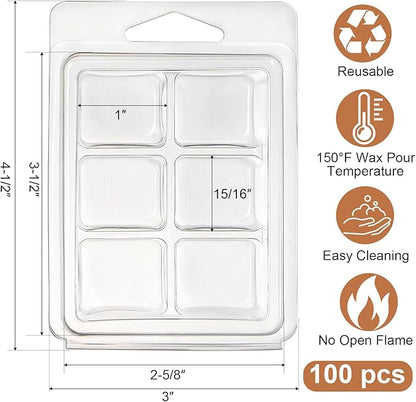 Jucoan 100 Pack Plastic Wax Melt Clamshell Mold, 6 Cavity Square Clear Wax Melt Molds Containers for DIY Wax Melt Candle Soap Craft Wedding Party Favor