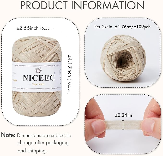 NICEEC 6 Skeins Soft Tape Yarn for Crocheting Craft Paper Yarn Easy Crochet Raffia Yarn Ribbon Yarn for DIY Craft Gift Wrapping Total Length 1.76oz×6/109yds×6-Milk Tea
