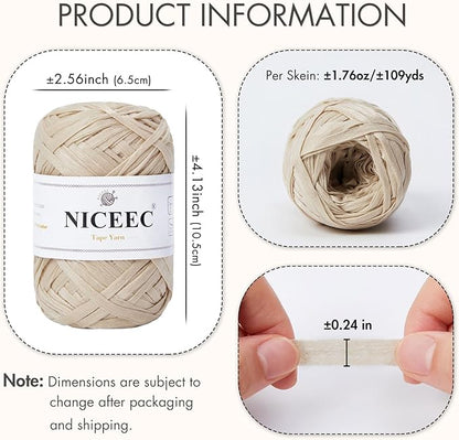 NICEEC 2 Skeins Soft Tape Yarn for Crocheting Craft Paper Yarn Easy Crochet Raffia Yarn Ribbon Yarn for DIY Craft Gift Wrapping Total Length 1.76oz×2/109yds×2-Milk Tea