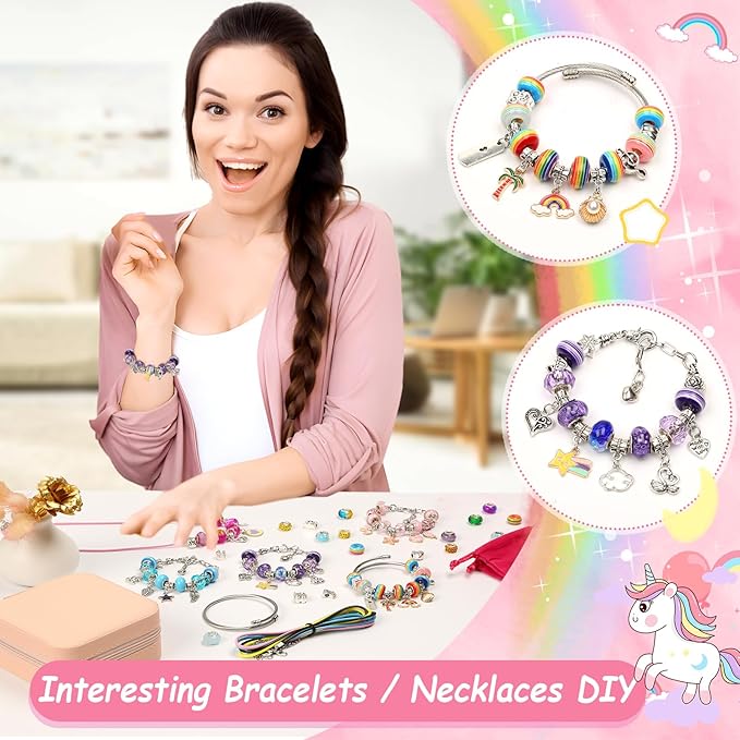 LifeisLuck Charm Bracelet Making Kit, 140 PCS DIY Craft Bead Sets Jewelry Making Kit, Portable Bracelet Organizer Gift Box for Teenage Birthday Christmas Stocking White Elephant Gift Exhange