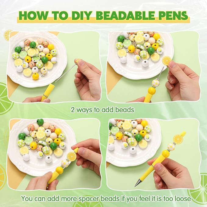Geyee 12 Set Plastic Beadable Pens Assorted Bead Pens Crystal Wood Round Spacer Set Black Ink DIY Ballpoint for Women Men Gift Office Supplies(Lemon)