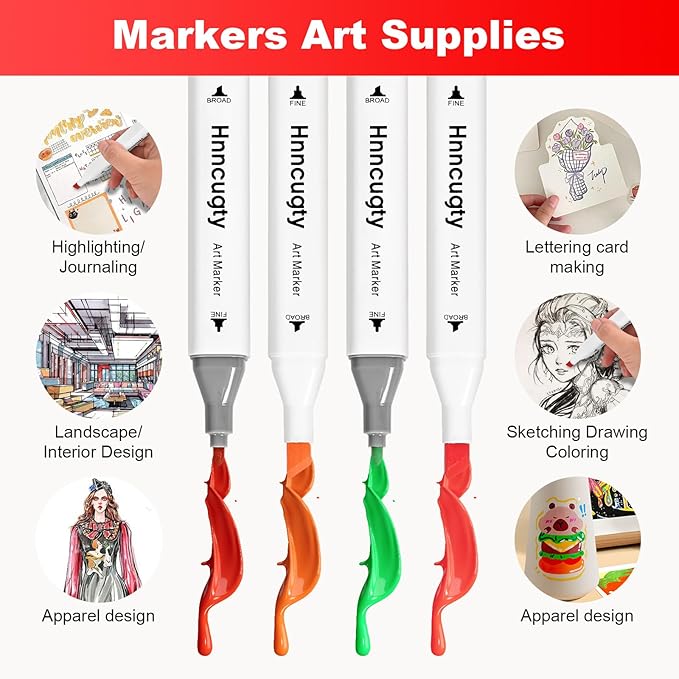 Hnncugty Alcohol Markers Set 100 Colors, Dual Tips Coloring Art Markers Set with Case & Holders, Chisel & Fine Artist Sketch Pens Art Supplies for Adult Coloring Books, Drawing, Painting, Sketching