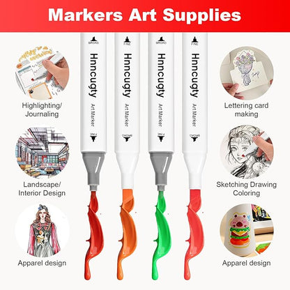 Hnncugty Alcohol Markers Set 100 Colors, Dual Tips Coloring Art Markers Set with Case & Holders, Chisel & Fine Artist Sketch Pens Art Supplies for Adult Coloring Books, Drawing, Painting, Sketching