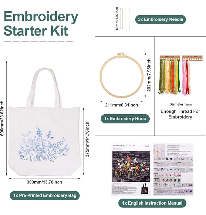Craftdady Canvas Tote Bag Embroidery Kit White Canvas Bag with Flower Patterns Instructions Embroidery Bag Embroidery Hoops Color Threads and Tool for DIY Beginners