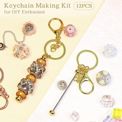 12 PCS Beadable Keychain Making Kit,Key Chain Keyrings for Jewelry Making,Car Bag Purse Charms Key Chains Bulk Metal Blank Bars,DIY Supplies Christmas Gifts for Women Men Crafts Custom Projects Rose