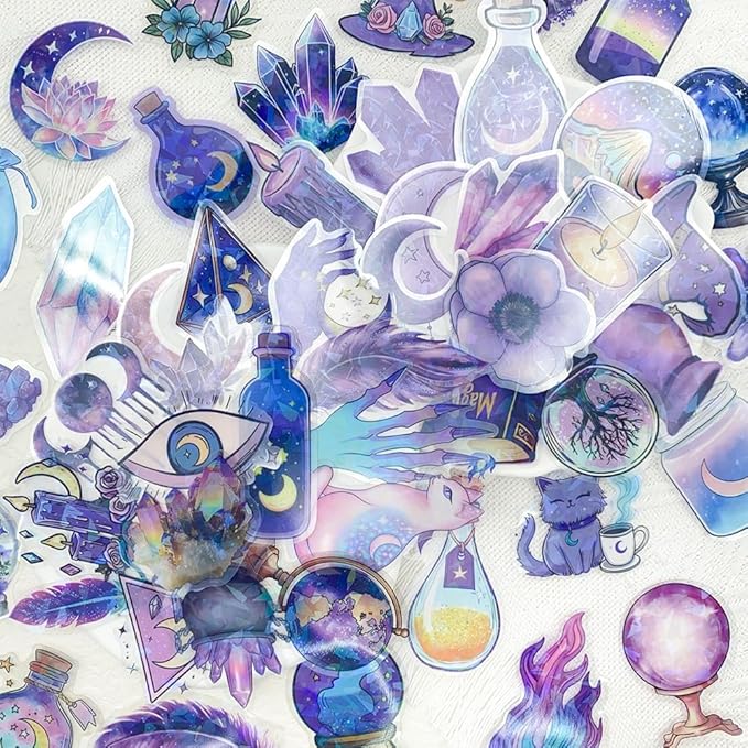 50PCS Holographic Witchcraft Stickers for Scrapbooking – Magic Astrology Clear Witchy Stickers with Iridescent Effect – Aesthetic Moon Crystal Spell Book Cat Decals