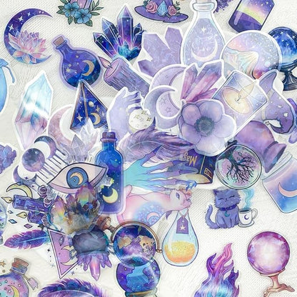 50PCS Holographic Witchcraft Stickers for Scrapbooking – Magic Astrology Clear Witchy Stickers with Iridescent Effect – Aesthetic Moon Crystal Spell Book Cat Decals