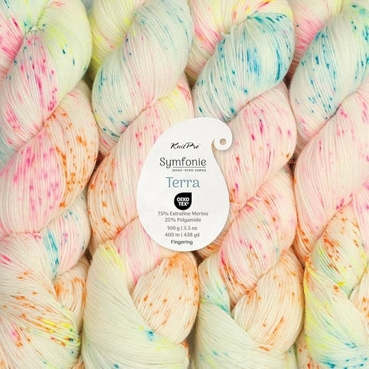 KnitPro Symfonie Hand Dyed Yarn | Extra Fine Merino Wool & Polyamide Blend for Knitting & Crocheting, Fingering Weight, Oeko-TEX Certified 400m, 100g Skein | Terra Variegated Neon Confetti