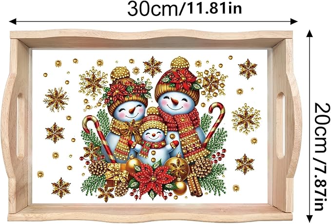 DIY Diamond Art Painting Wooden Tray Kit, Food Tray with Handle Diamond Painted Table Decoration Tray, for Breakfast, Bar Dinner Table Diamond Dots Gem Painting Art Set for Beginners-Snowman4