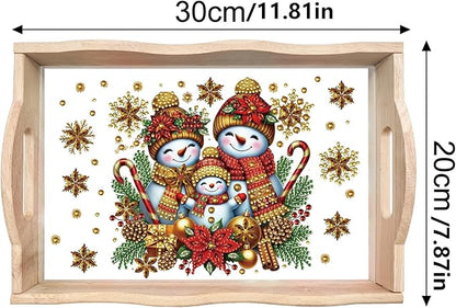 DIY Diamond Art Painting Wooden Tray Kit, Food Tray with Handle Diamond Painted Table Decoration Tray, for Breakfast, Bar Dinner Table Diamond Dots Gem Painting Art Set for Beginners-Snowman4