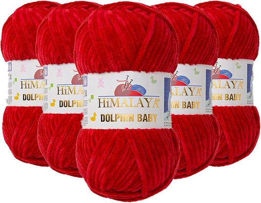 5 Skein/Pack Himalaya Dolphin Baby Chenille Yarn, Each Ball 100 gr (3.5 oz), 120 m (132 Yards), 100% Polyester, Super Bulky Baby Blanket Velvet Amigurumi Yarn, 80352 - Crimson