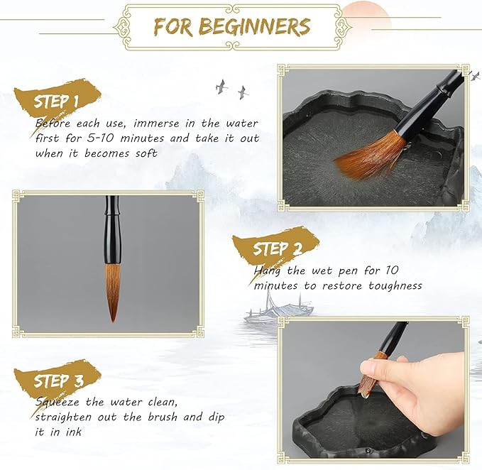 Corciosy 10PCS Chinese Calligraphy Brush Set, Writing Brush with Bamboo Storage Scoll, Japanese or Chinese Kanji Sumi-E Drawing Watercolor Brush
