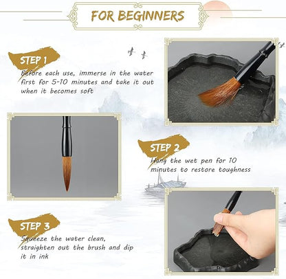 Corciosy 10PCS Chinese Calligraphy Brush Set, Writing Brush with Bamboo Storage Scoll, Japanese or Chinese Kanji Sumi-E Drawing Watercolor Brush