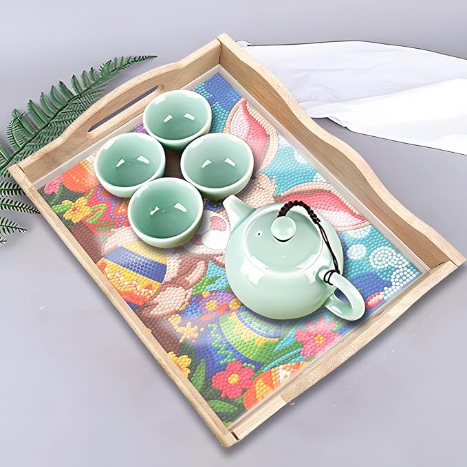 DIY Art Painting Wooden Tray Kit With Handle, Diamond Painted Table Decoration for Breakfast, Bar Dinner Table, Diamond Dots Gem Painting Art Set for Beginners (#35-Easter Bunny)