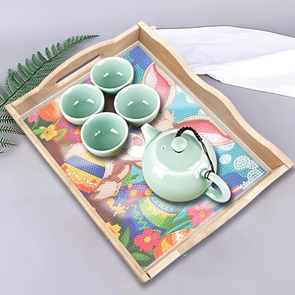 DIY Art Painting Wooden Tray Kit With Handle, Diamond Painted Table Decoration for Breakfast, Bar Dinner Table, Diamond Dots Gem Painting Art Set for Beginners (#35-Easter Bunny)