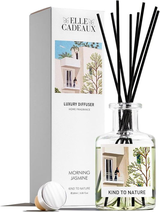 Elle Cadeaux - White Jasmine Oil Reed Diffuser | Sweet Floral Scent Essential Oils | Aromatherapy Diffuser & Room Freshener | Home, Bathroom & Office Decor | Housewarming Gift | 6oz