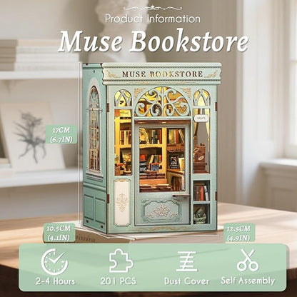 Fsolis Book Nook Kit - DIY Miniature House Kit 3D Puzzles for Adults Beginners Tiny House Mini Booknook Craft Bookshelf Decor, 281 Wooden Pieces, Gifts for Women Teenagers Book Lovers (Muse Bookstore)