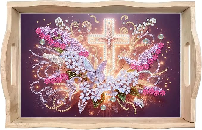 DoxQcs DIY Diamond Art Wooden Tray Kit Easter Food Tray with Handle Diamond Painted Table Decoration Tray for Breakfast Bar Dinner Table Diamond Art Painting for Beginners-#14-Glowing Cross