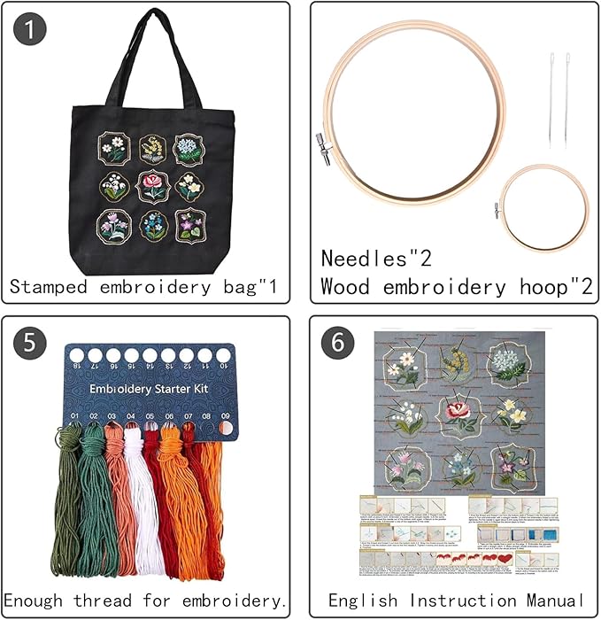 SUPBRAIN Embroidery kit, Canvas Tote Bag Embroidery Kit, Include Stamped Flower Pattern, Hoop, Color Threads and Tool, Suitable for Beginners, Adults Arts and DIY Crafts Kits (Black)
