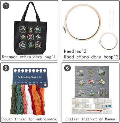 SUPBRAIN Embroidery kit, Canvas Tote Bag Embroidery Kit, Include Stamped Flower Pattern, Hoop, Color Threads and Tool, Suitable for Beginners, Adults Arts and DIY Crafts Kits (Black)