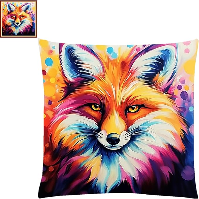 Lovxvouy Pillow Cross Stitch Kits for Adults Beginners-Preprinted Needlepoint Kit Stamped Crossstitching Kits 11CT Cross-Stitch Kit Stitches Kit Embroidery Kits-Colorful Fox 18x18 inchs