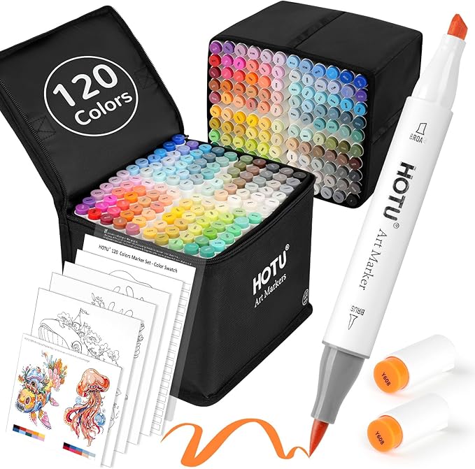 HOTU 120 Colors Alcohol Markers, Dual Tip Brush & Chisel for Adult Coloring Books No Bleed Alcohol-Based Art Markers Set with Case, Blender Anti-Bleed Pad for Illustration Sketching