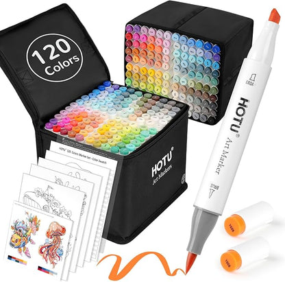 HOTU 120 Colors Alcohol Markers, Dual Tip Brush & Chisel for Adult Coloring Books No Bleed Alcohol-Based Art Markers Set with Case, Blender Anti-Bleed Pad for Illustration Sketching