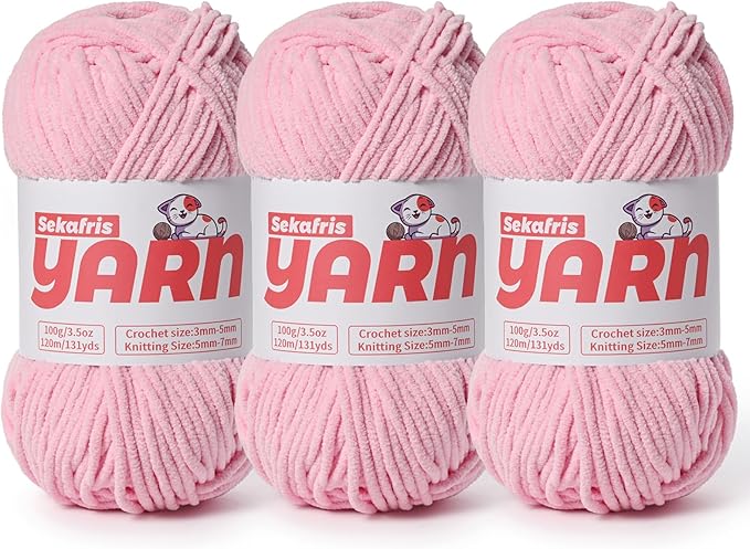 3 Pack Plush Chunky Chenille Yarn for Crocheting, Soft Fluffy Velvet Yarn for Crocheting, Fuzzy Baby Blanket Knitting Yarns, 300g/393yds Bulky Amigurumi Yarns（3 Pink）