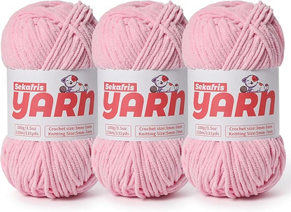 3 Pack Plush Chunky Chenille Yarn for Crocheting, Soft Fluffy Velvet Yarn for Crocheting, Fuzzy Baby Blanket Knitting Yarns, 300g/393yds Bulky Amigurumi Yarns（3 Pink）