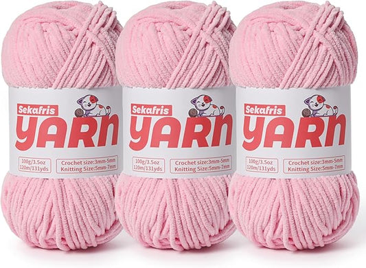 3 Pack Plush Chunky Chenille Yarn for Crocheting, Soft Fluffy Velvet Yarn for Crocheting, Fuzzy Baby Blanket Knitting Yarns, 300g/393yds Bulky Amigurumi Yarns（3 Pink）