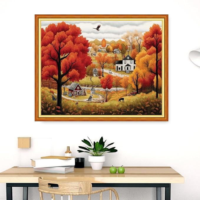 Dimensean Stamped Cross Stitch Kits Full Range of Embroidery Patterns Starter Kits for Beginners Adult DIY Cross Stitches Needlepoint Kits 11CT-Late Autumn 16x20 inch