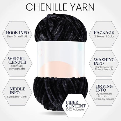 Xinnun 12 Skeins 1116 Yards Chenille Velvet Soft Thick Plush Yarn Bulk for Crocheting Knitting Blanket DIY Weaving Craft, 6mm, 3.5 Oz/Skein(Black)