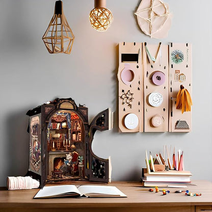 Fsolis Book Nook Kit DIY Scene Miniature Dollhouse Kit, 3D Puzzles for Adults, 108 Wooden Pieces, Bookshelf Decor Tiny House Mini Booknook Craft, Gift for Women Scale Model Lovers (Count Cat's Study)
