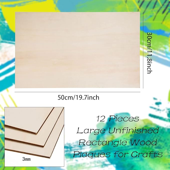 12 Pack Basswood Sheets for Crafts-12 x 20 x 1/8 Inch- 3mm Thick Plywood Sheets with Smooth Surfaces-Unfinished Rectangular Wood Boards for Laser Cutting, Wood Burning, Architectural Models, Staining
