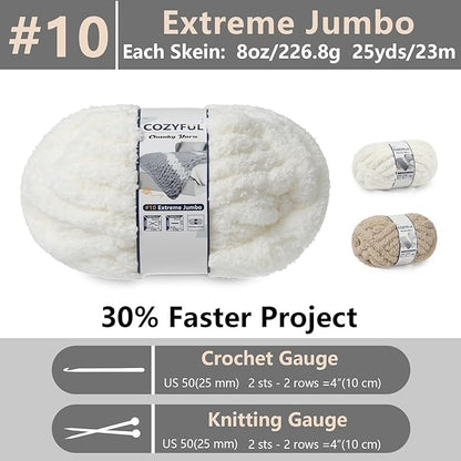 Chunky Yarn for Hand Knitting - #10 Chunky Chenille Yarn, Jumbo Big Thick Chunky Yarns for Crocheting, Super Bulky Chunky Knit Blanket Yarns, 8 Skein (25yd, 8oz/Skein), Cream & Khaki