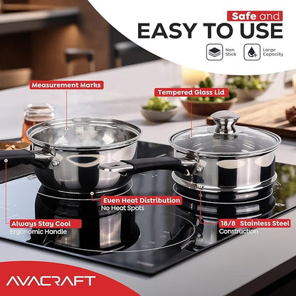 AVACRAFT 18/8 Stainless Steel Double Boiler, 1.5 Quart - Quality Clad Melting Pot for Butter, Chocolate, Cheese, Wax, Sauces - Even Heat, Tempered Glass Lid, Long Handle, Bottom has 5 Layers