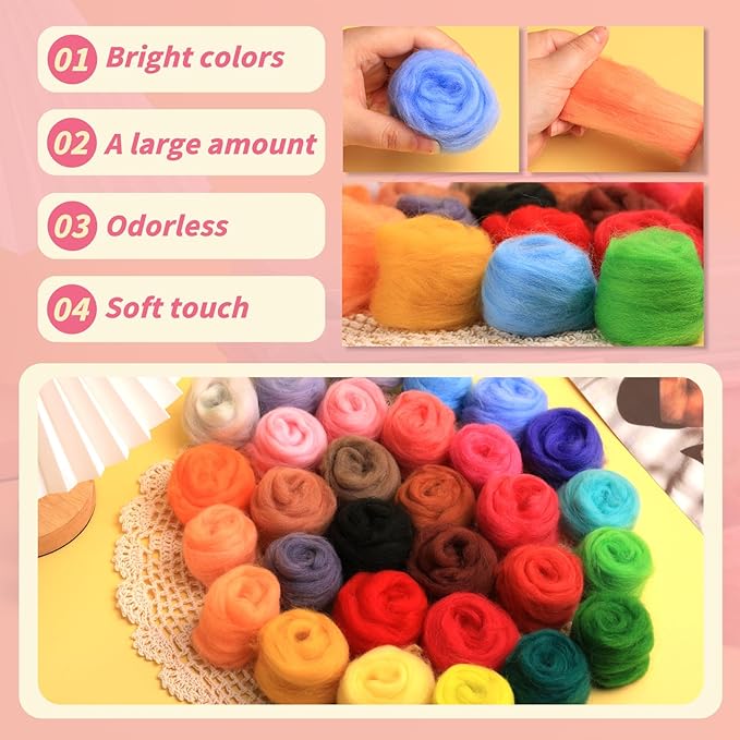 JUPEAN 221 Pcs Needle Felting Kit Needle Felting Starter Kit Needle Felting Supplies Including 43 Color Wool Roving Felting Molds Foam Mat and 4 Sizes Felting Needles for DIY Craft Project