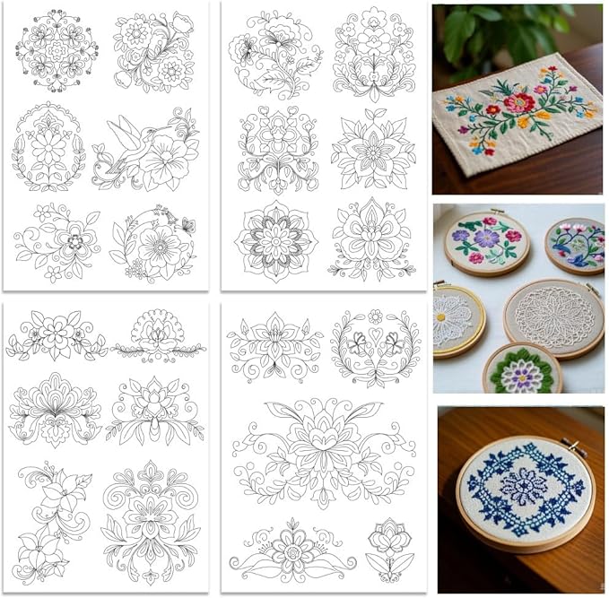 ORIGACH 4 Sheets Large Water Soluble Embroidery Patterns Stabilizers - Pre-Printed Scandinavian Floral Designs - Stick & Stitch Embroidery Paper for Hand Sewing Lovers