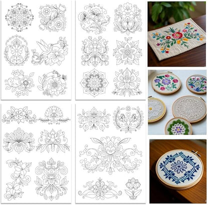 ORIGACH 4 Sheets Large Water Soluble Embroidery Patterns Stabilizers - Pre-Printed Scandinavian Floral Designs - Stick & Stitch Embroidery Paper for Hand Sewing Lovers