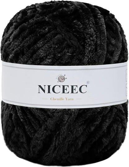 NICEEC 300g Soft Chenille Yarn Blanket Velvet Yarn for Knitting, Crochet, Weaving DIY Craft Total Length 150m (164yds)_Black