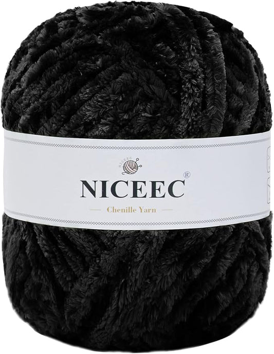 NICEEC 300g Soft Chenille Yarn Blanket Velvet Yarn for Knitting, Crochet, Weaving DIY Craft Total Length 150m (164yds)_Black