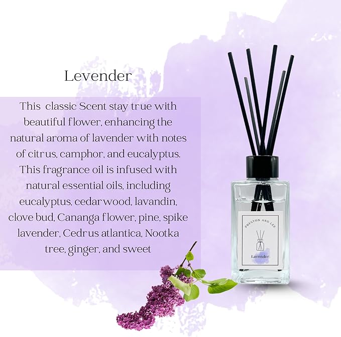 Preston and Lee Reed Diffuser Set | 100 ml (3.4 fl oz) Lavender Scent | Reed Diffuser Set | Aromatherapy Diffusers | Natural Reed Diffuser Oil for Home and Spa Fragrance