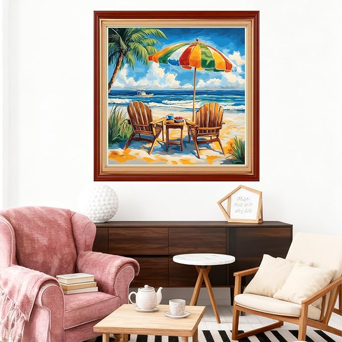 Joyhoor Stamped Cross Stitch Kits for Beginners Needlepoint Kits for Adults Embroidery Kits 11CT Counted Cross Stitch Kits Printed Embroidery Pattern-Seaside Beach 18x18 inch