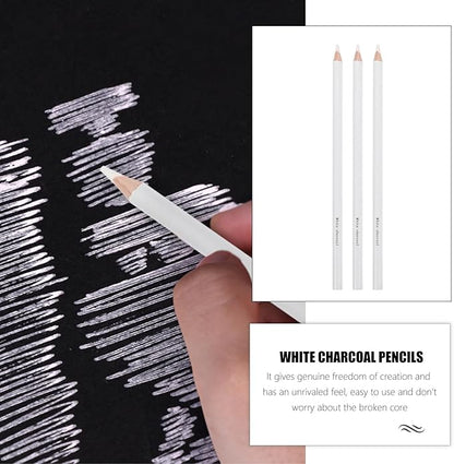 Healvian 3Pcs White Charcoal Pencils for Drawing and Sketching, Professional Art Drawing Highlight Pencils, Wooden Sketching Supplies for Artists and Students