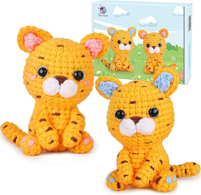 Crochet Kit for Beginners, Beginner Crochet Kit for Adults with Step-by-Step Video Tutorials, DIY Crochet Animal Kits Knitting Supplies, 2 Pack Leopard (40%+ Yarn)