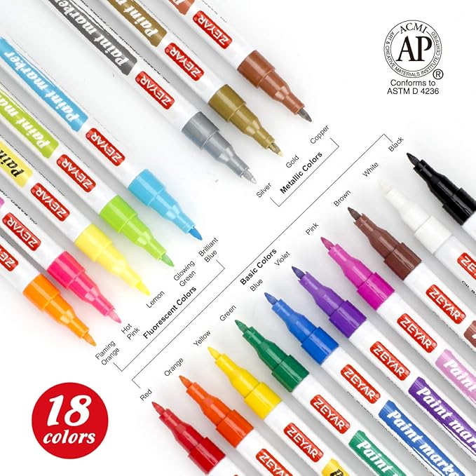 ZEYAR Oil-Based Paint Markers, Expert of Rock Painting, Extra Fine Point, 18 Colors, AP Certified. Works on Rock, Wood, Glass, Metal, Ceramic and more