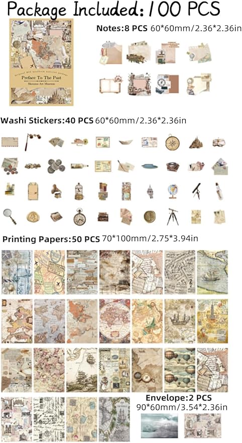 100 Pieces Vintage Scrapbook Supplies Ephemera Pack for Junk Journal Planners Scrapbooking Paper Stickers for Art Aesthetic Journaling Kit Collage Decoupage Album (Old Story)