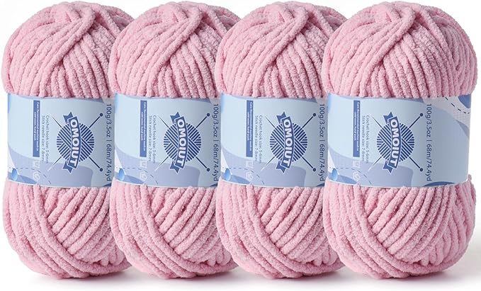 Chunky Chenille Yarn for Crocheting，Baby Yarn for Crocheting Soft Blankets，Bulky Yarns for Crochet Amigurumi，4×100g (4×74.3yds) Fluffy Velvet Yarns for Hand Knitting (4 Pale Pink)